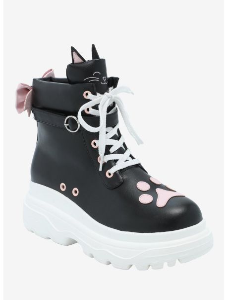 Shoes Girls Black Cat Pink Bow Hi-Top Sneakers