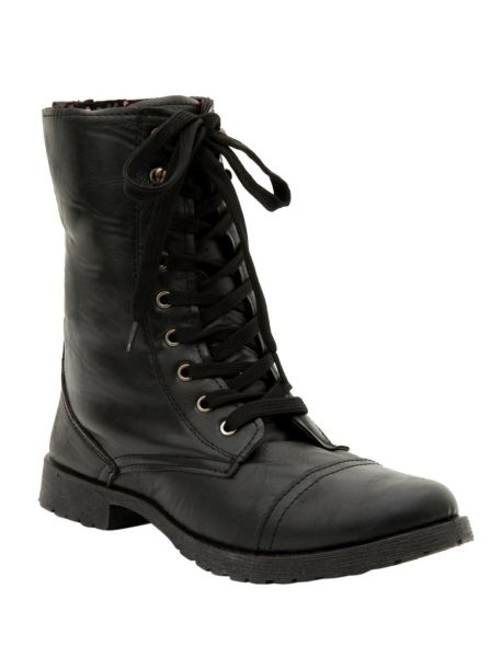 Girls Shoes Black Floral Lined Combat Boots