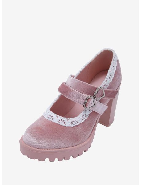 Pink Velvet & Lace High-Heeled Platform Mary Janes Shoes Girls