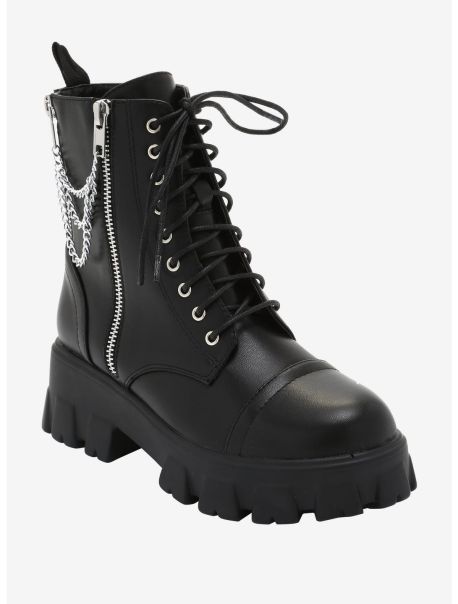 Girls Shoes Double Zipper Chain Black Combat Boots