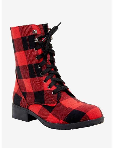 Shoes Girls Red Plaid Combat Boots