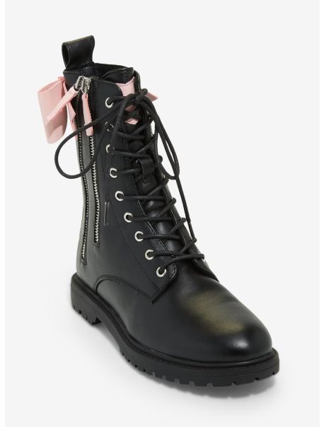 Shoes Black & Pink Lace-Up Bow Combat Boots Girls