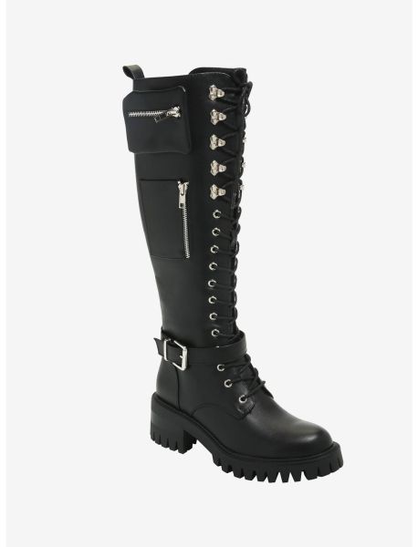 Girls Shoes Lace-Up Pouch Knee-High Combat Boots