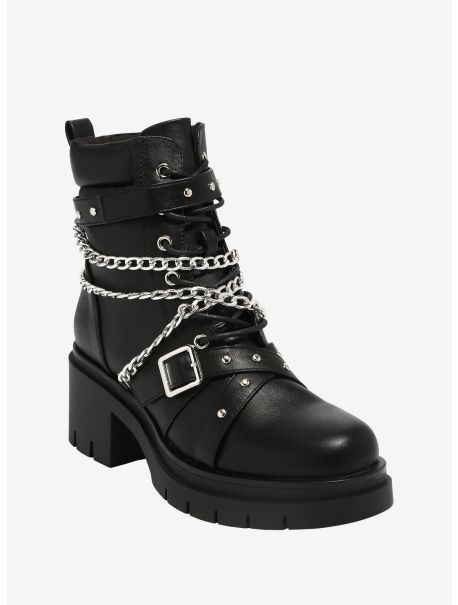 Black Multi Chain Combat Boots Shoes Girls