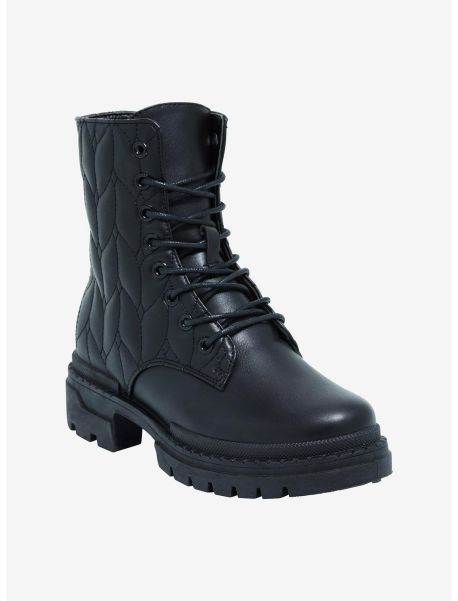 Girls Yoki Black Quilted Combat Boots Shoes