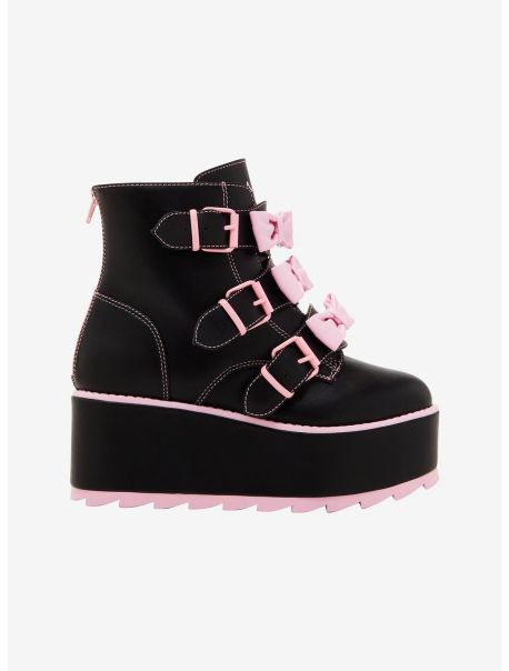 Girls Shoes Yru Black & Pastel Pink Bow Platform Booties