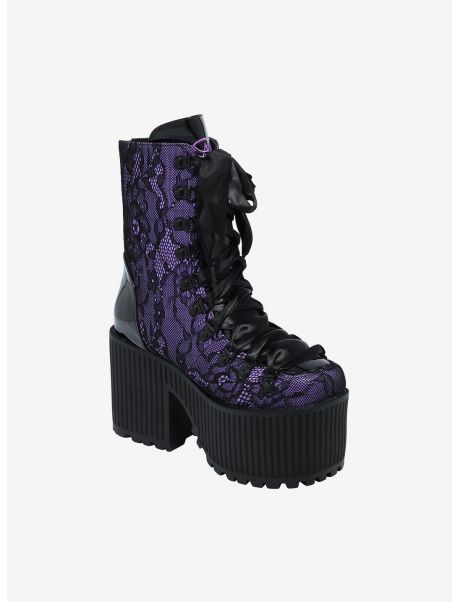 Shoes Strange Cvlt Black & Purple Lace Pandora Platform Boots Girls
