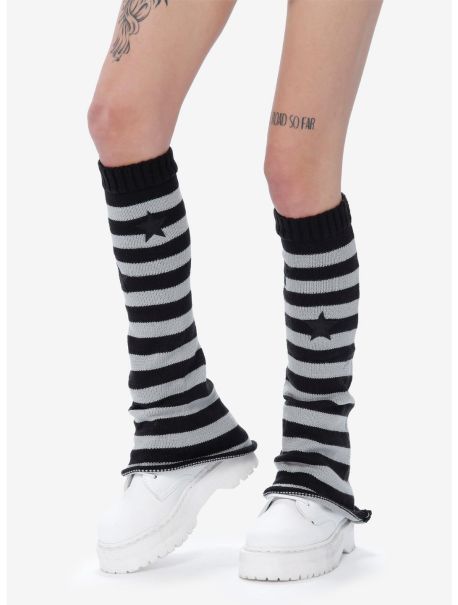 Girls Grey & Black Stripe Star Flared Leg Warmers Socks