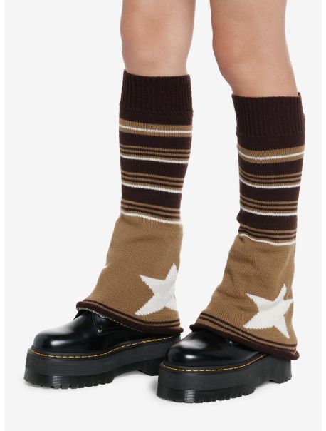 Brown Star Stripe Flared Leg Warmers Socks Girls