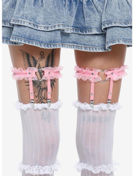 Girls Pink Heart Ruffle Leg Garter Set Socks