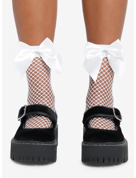 Girls White Bow Fishnet Ankle Socks Socks