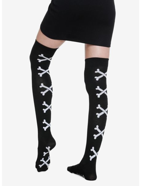 Socks Girls Black & White Crossbones Over-The-Knee Socks