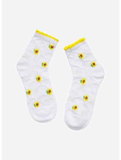 Girls Sunflower Crochet Lettuce Trim Ankle Socks Socks