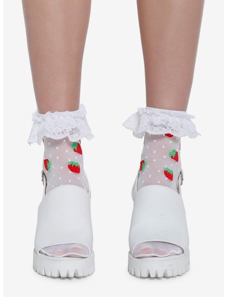 Girls Socks White Strawberry Lace Ankle Socks