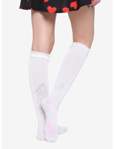 White & Pink Kitty Paw Knee-High Socks Socks Girls