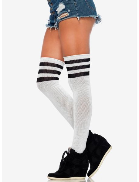 Girls White & Black Stripe Ribbed Athletic Thigh High Socks Socks