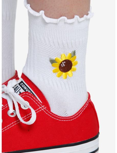 Girls Socks Sunflower Embroidery Lettuce Trim Ankle Socks