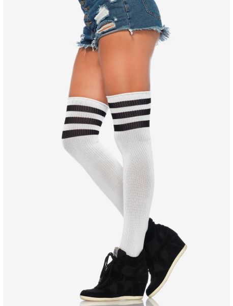 Girls Athletic 3 Stripe Thigh Highs White/Black Socks