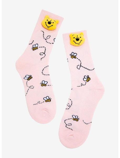 Girls Socks Disney Winnie The Pooh Bee Plush Head Crew Socks