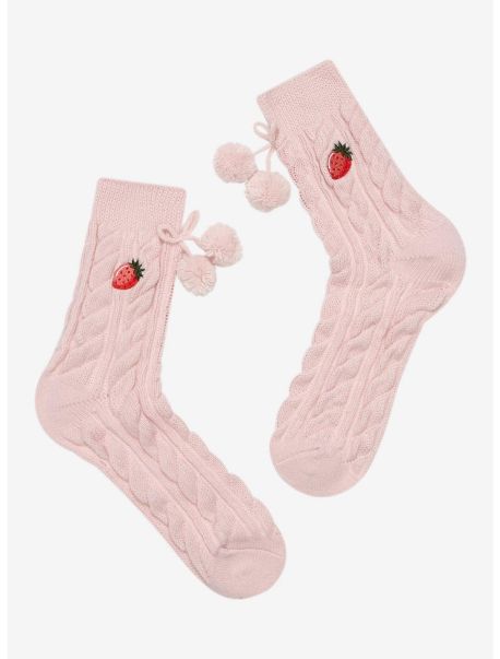 Girls Socks Strawberry Pom Chunky Knit Crew Socks