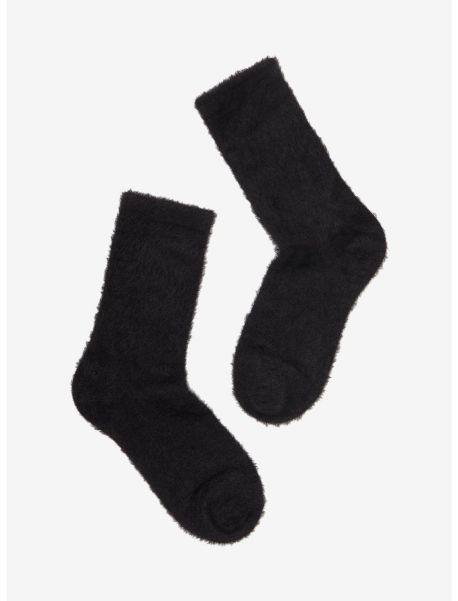 Socks Girls Black Fuzzy Crew Socks