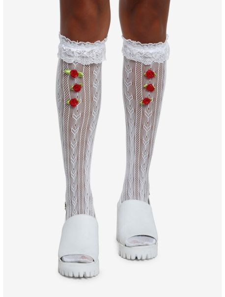 White Ruffle Rose Knee High Socks Girls Socks