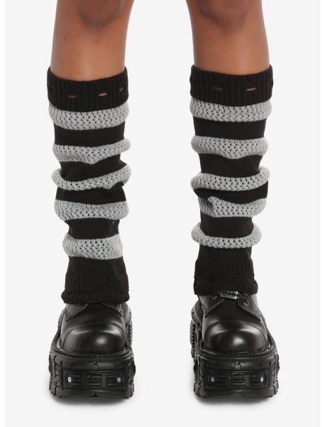 Girls Socks Black & Grey Stripe Knit Leg Warmers