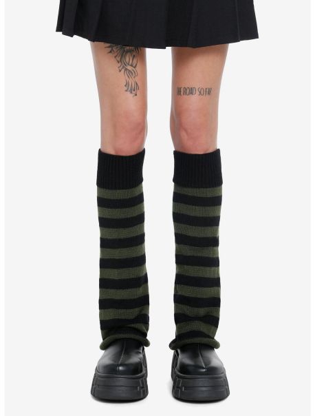 Girls Olive & Black Stripe Knit Leg Warmers Socks