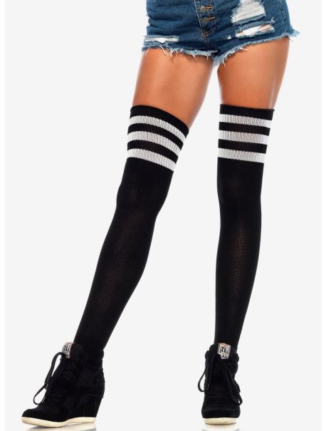 Black & White Stripe Ribbed Athletic Thigh High Socks Socks Girls