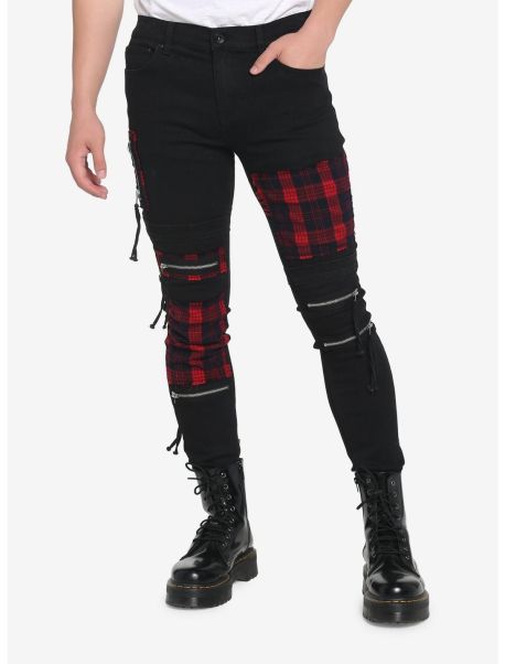 Bottoms Guys Black & Red Plaid Patch Stinger Jeans