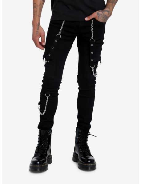 Guys Bottoms Black Grommet Chain Strap Stinger Jeans
