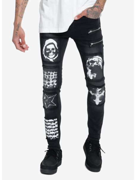 Guys Bottoms Black Skull Patches Stinger Jeans