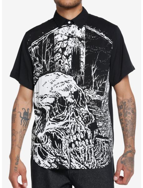 Haunted Forest Skull Woven Button-Up Button Up Shirts Guys