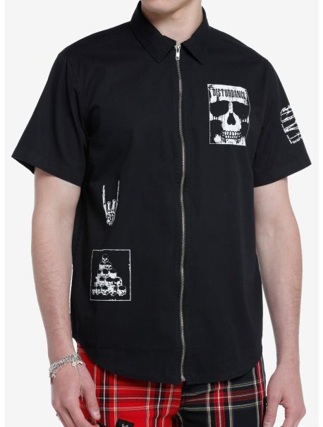 Guys Button Up Shirts Skull Patch Zip-Up Woven Shirt