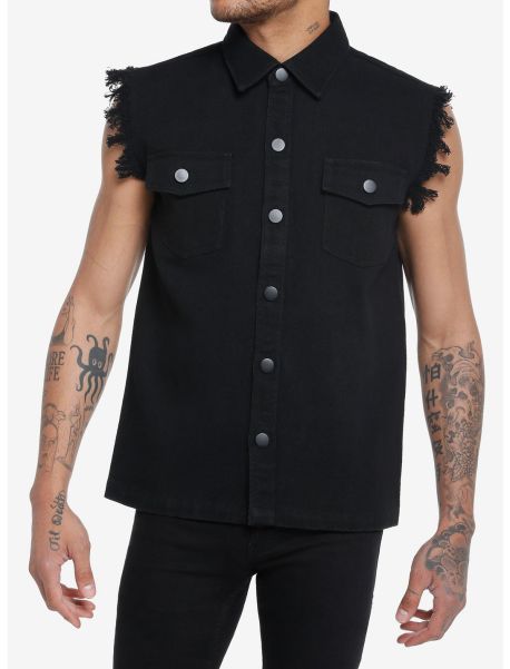 Guys Button Up Shirts Black Denim Fringe Sleeveless Vest