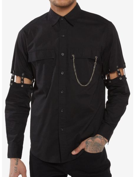 Black Grommet Cutout Straps Long-Sleeve Woven Button-Up Button Up Shirts Guys