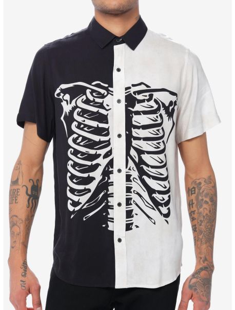 Guys Button Up Shirts Black & White Split Skeleton Woven Button-Up