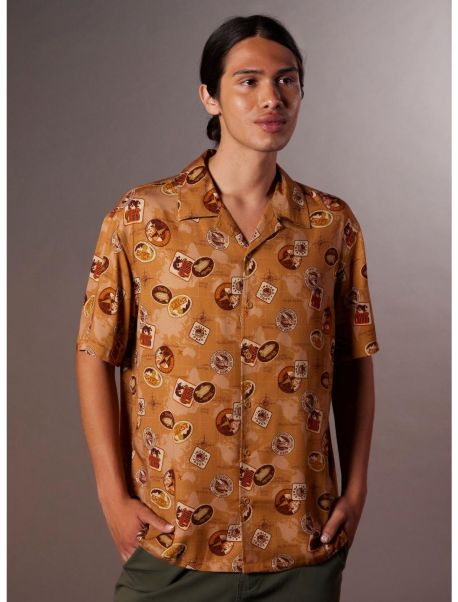 Guys Our Universe Indiana Jones Travel Stickers Woven Button-Up Button Up Shirts