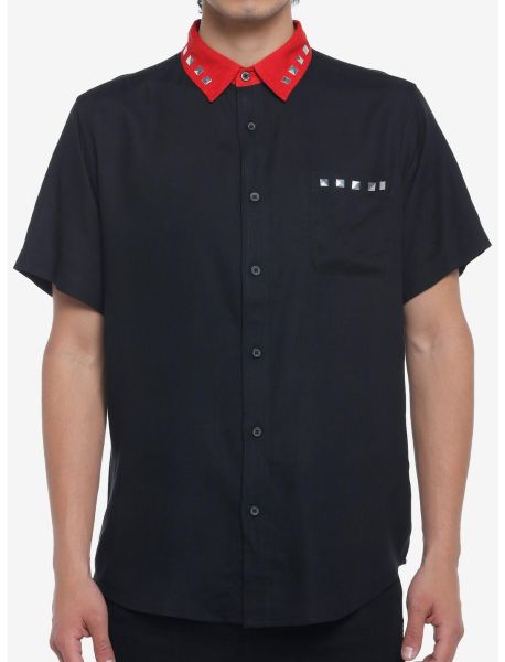 Guys Red Collar Pyramid Stud Collar Woven Button-Up Button Up Shirts