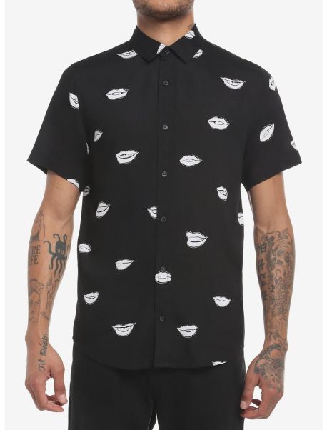 Guys Button Up Shirts Black & White Lips Woven Button-Up