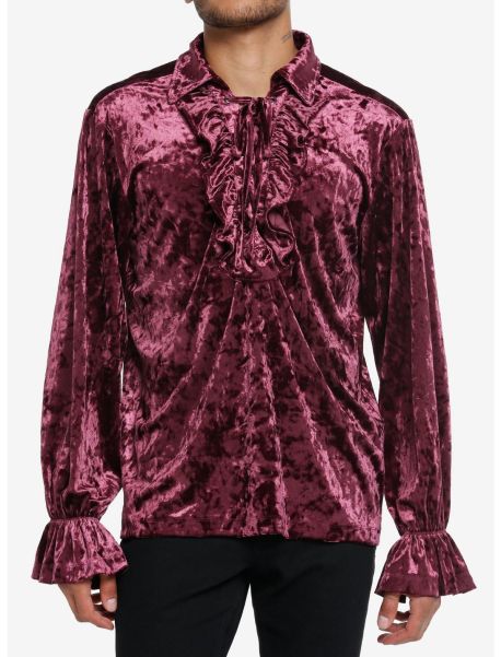 Button Up Shirts Social Collision Dark Purple Velvet Ruffle Long-Sleeve Top Guys