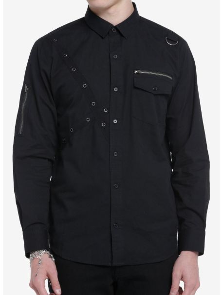 Black Grommet Strap Zipper Long-Sleeve Woven Button-Up Button Up Shirts Guys