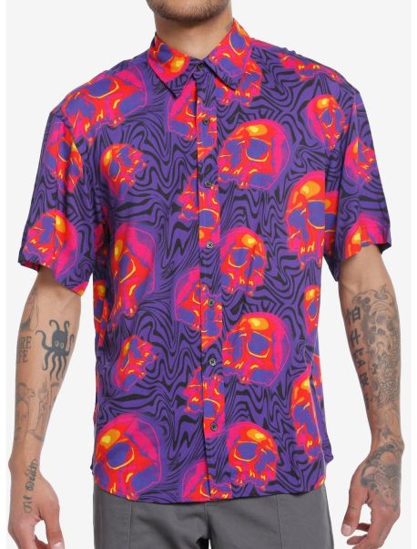 Button Up Shirts Neon Pink & Orange Skull Waves Woven Button-Up Guys