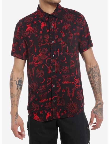 Guys Social Collision Ancient Monsters Allover Print Woven Button-Up Button Up Shirts