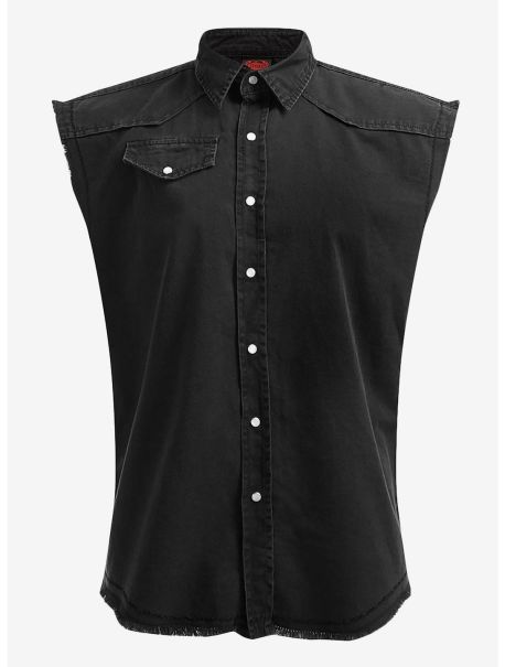 Black Sleeveless Woven Button-Up Button Up Shirts Guys