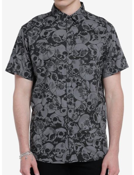 Grey Skull Woven Button-Up Guys Button Up Shirts