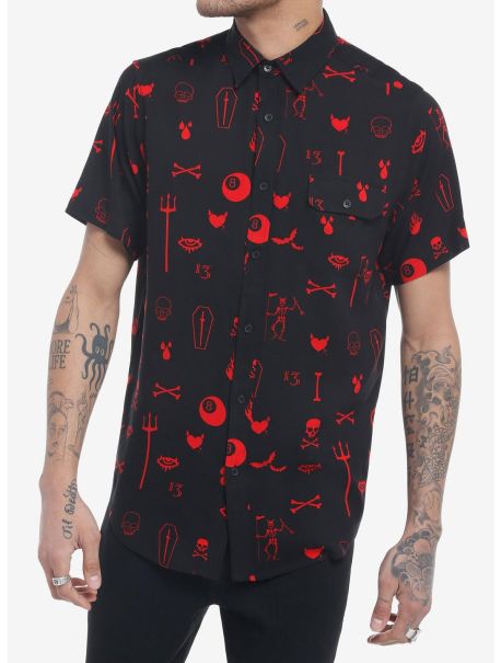 Black & Red Dark Symbols Woven Button-Up Guys Button Up Shirts