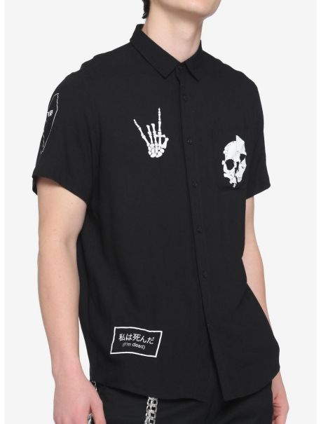 Guys Button Up Shirts Skeleton Patches Black Woven Button-Up