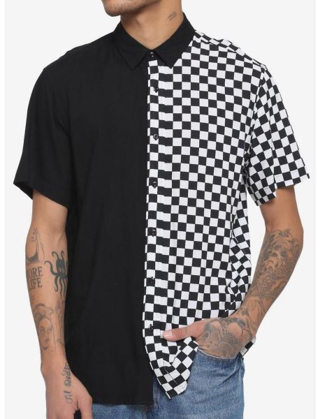 Guys Black & White Checkered Split Woven Button-Up Button Up Shirts