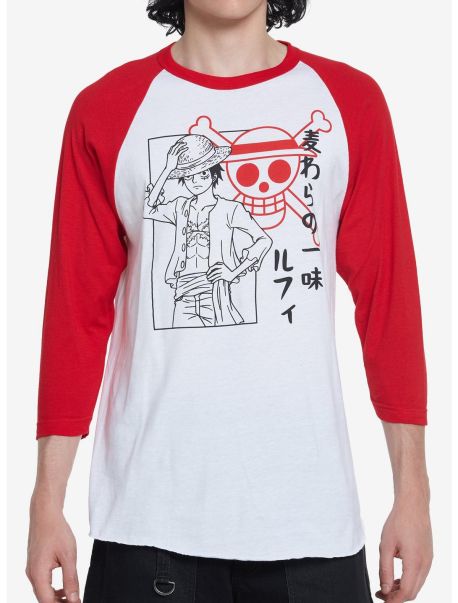 Graphic Tees One Piece Luffy Red Jolly Roger Raglan T-Shirt Guys